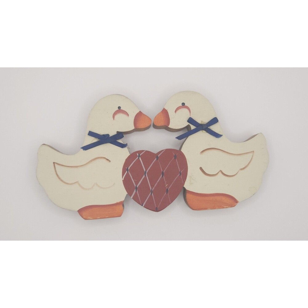 Vtg 80s Hand Painted Wood Kissing Geese with Heart Shelf Decor Country Folk Art